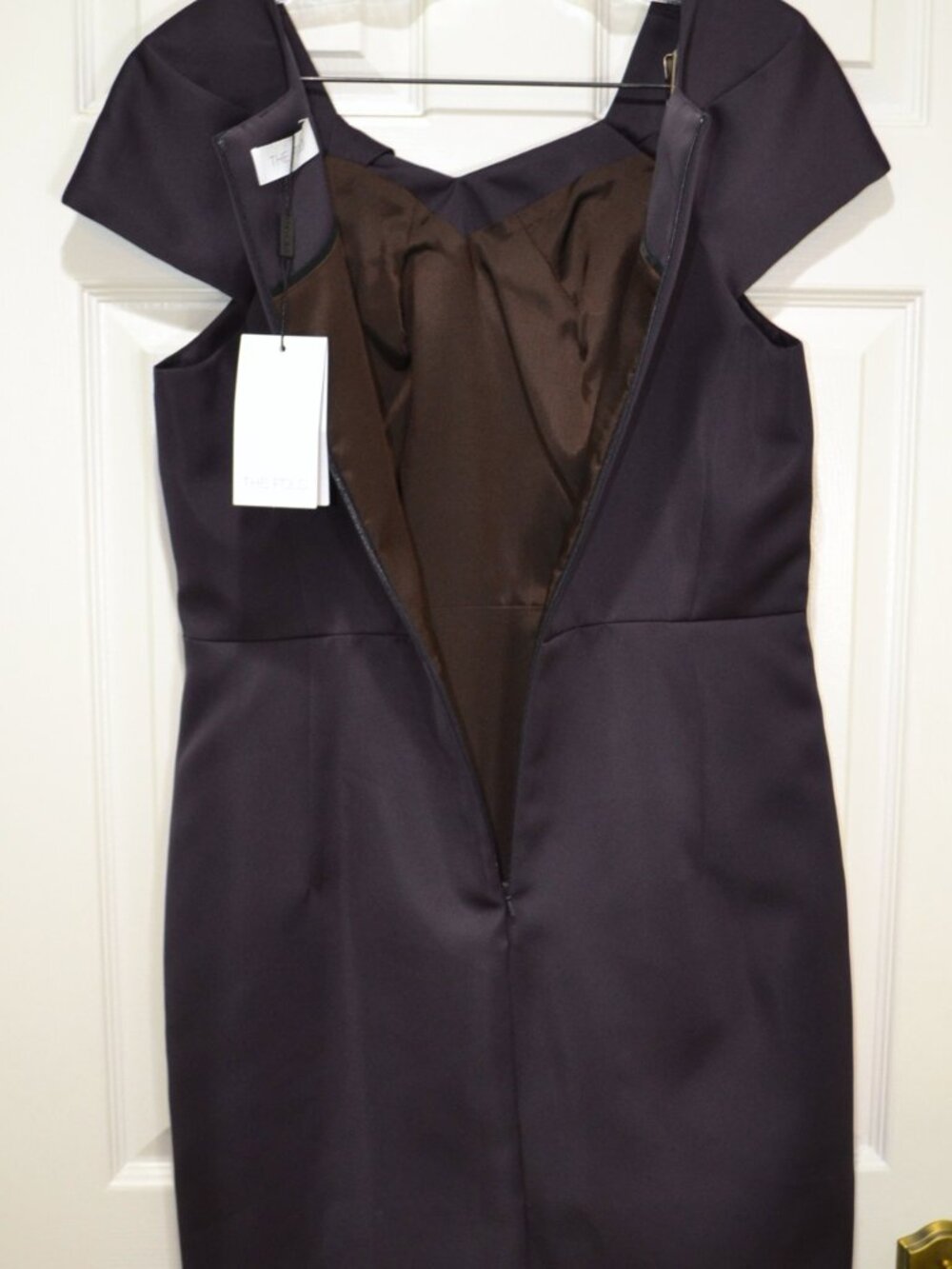 NWT The‎ Fold London The Finsbury Cap Sleeve Aubergine Satin Sheath Dress, Sz 12 - Picture 8 of 11